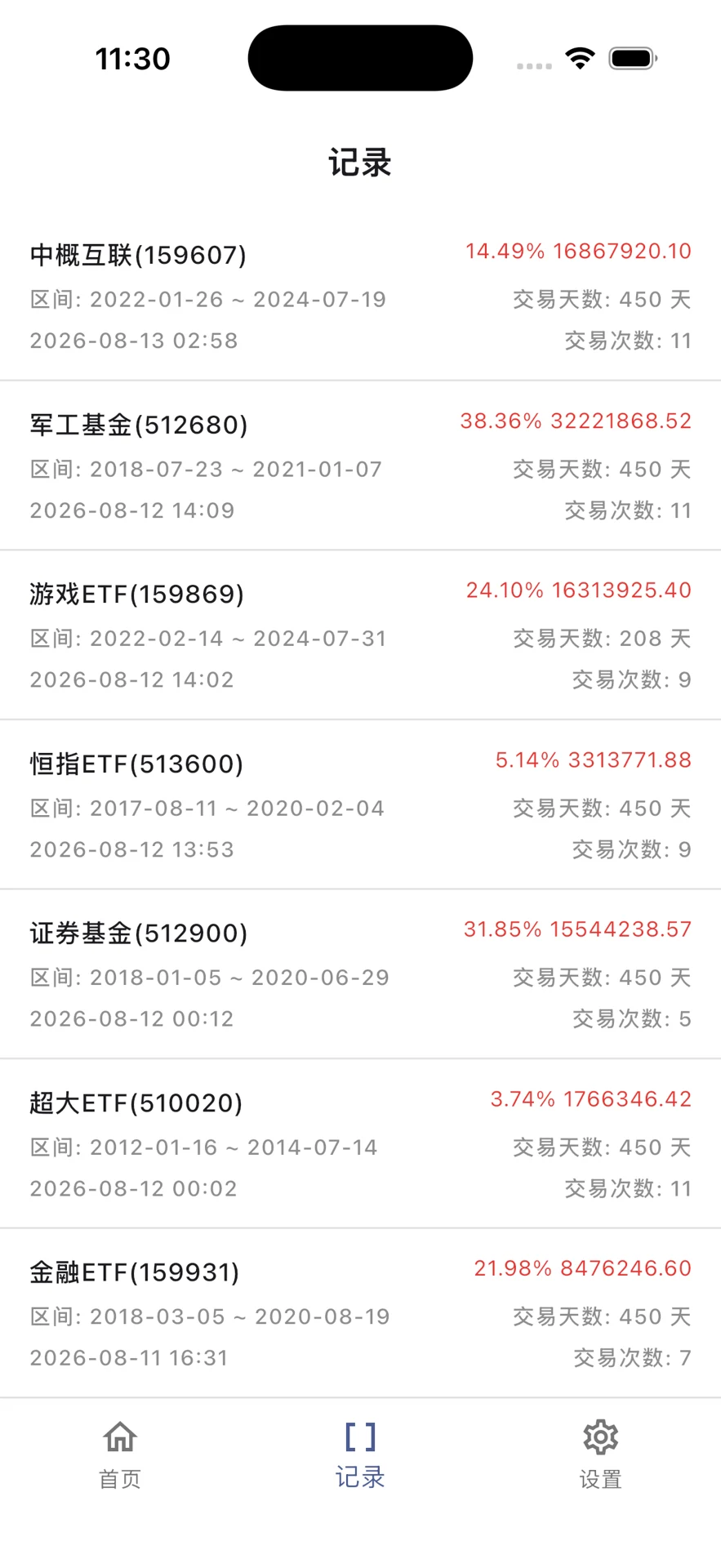 历史记录：查看不同训练的模拟结果与交易天数。