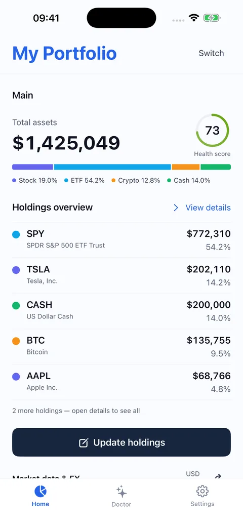 PFolioAI：组合概览 · 资产、持仓与组合健康信息。